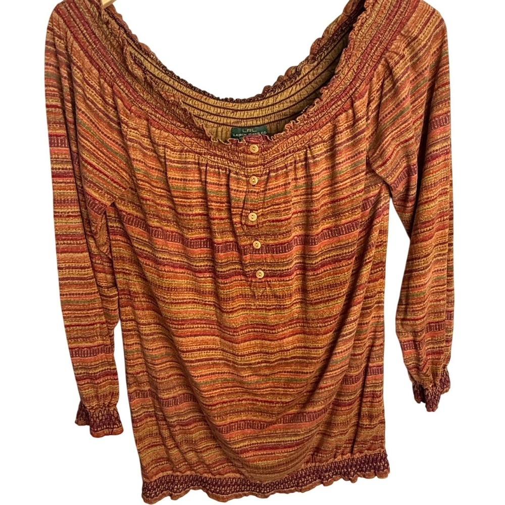 Lauren Jeans Co Smocked Off-Shoulder Top Women's Small Orange Red Striped‎ Boho